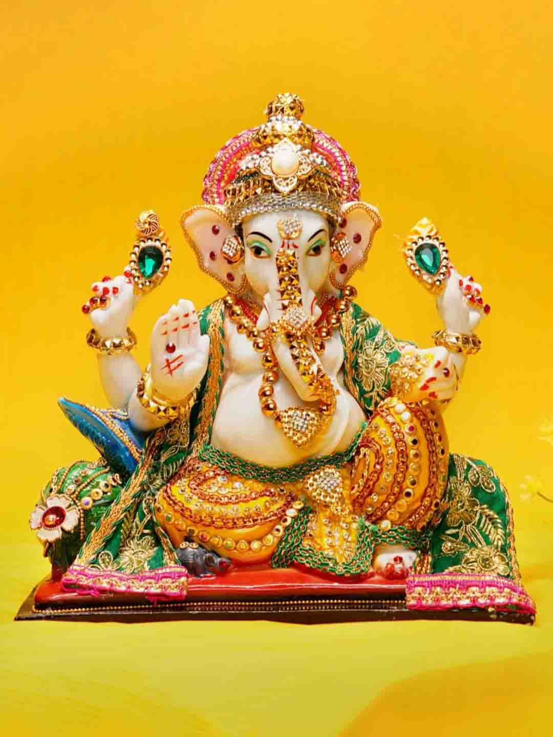 SANKALAN CREATIONS Dressed Ganesh Chowki White Marble Glossy Living Room Large Showpiece - 10.2 Inches