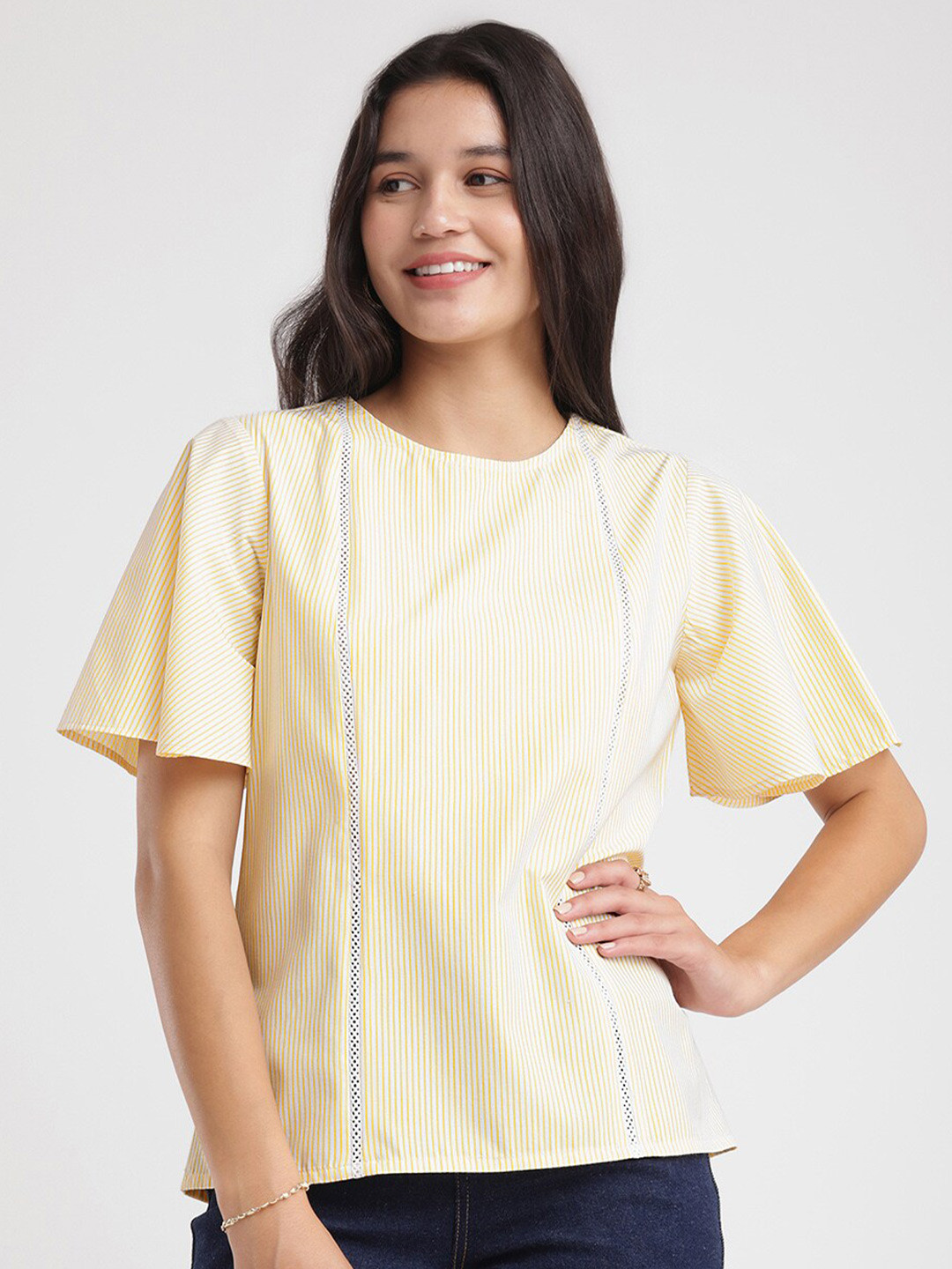 FableStreet Vertical Stripes Flared Sleeves Cotton Yellow Top