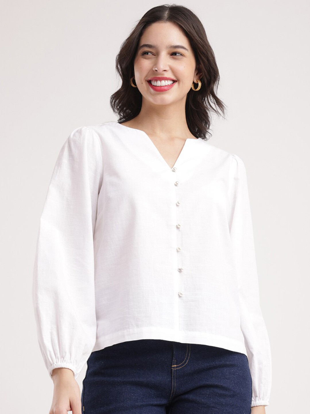 FableStreet V-Neck Linen Shirt Style White Top
