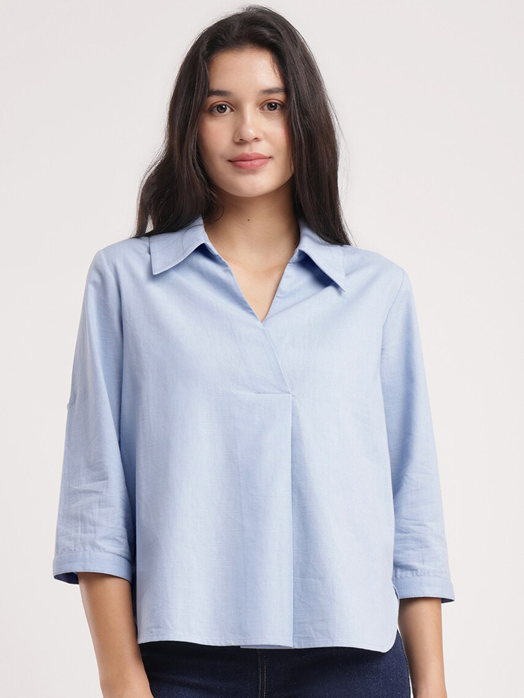 FABLE STREET Collar Pleated Cotton Linen Crop Top Shirt