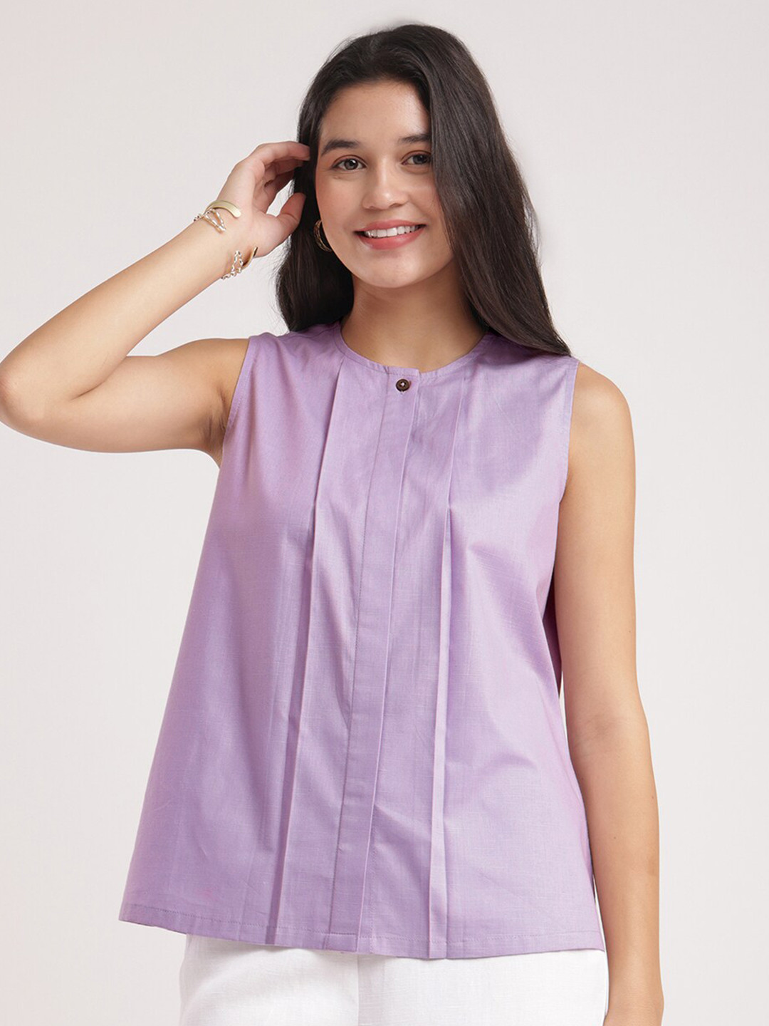 FableStreet Round Neck Linen Sleeveless Top