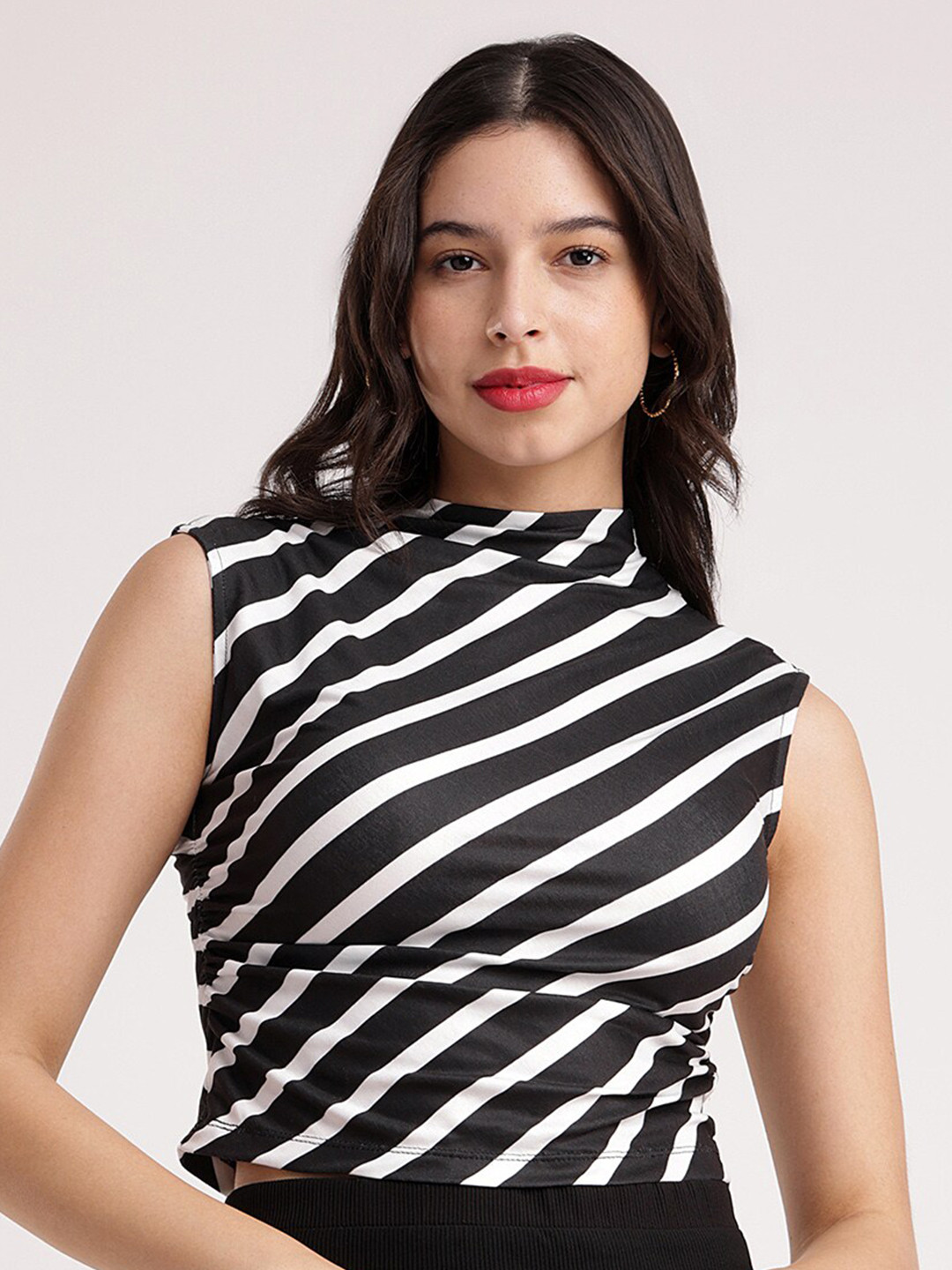 FableStreet Horizontal Stripes High Neck Gathered or Pleated Sleeveless White Top