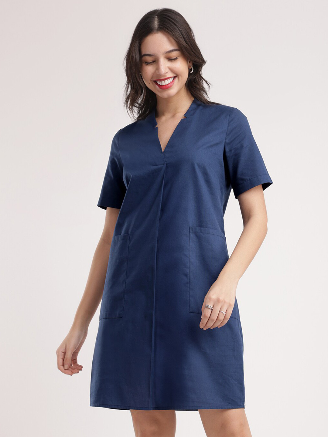 FableStreet Linen V-Neck Short Sleeves Opaque A-Line Casual Women Dress