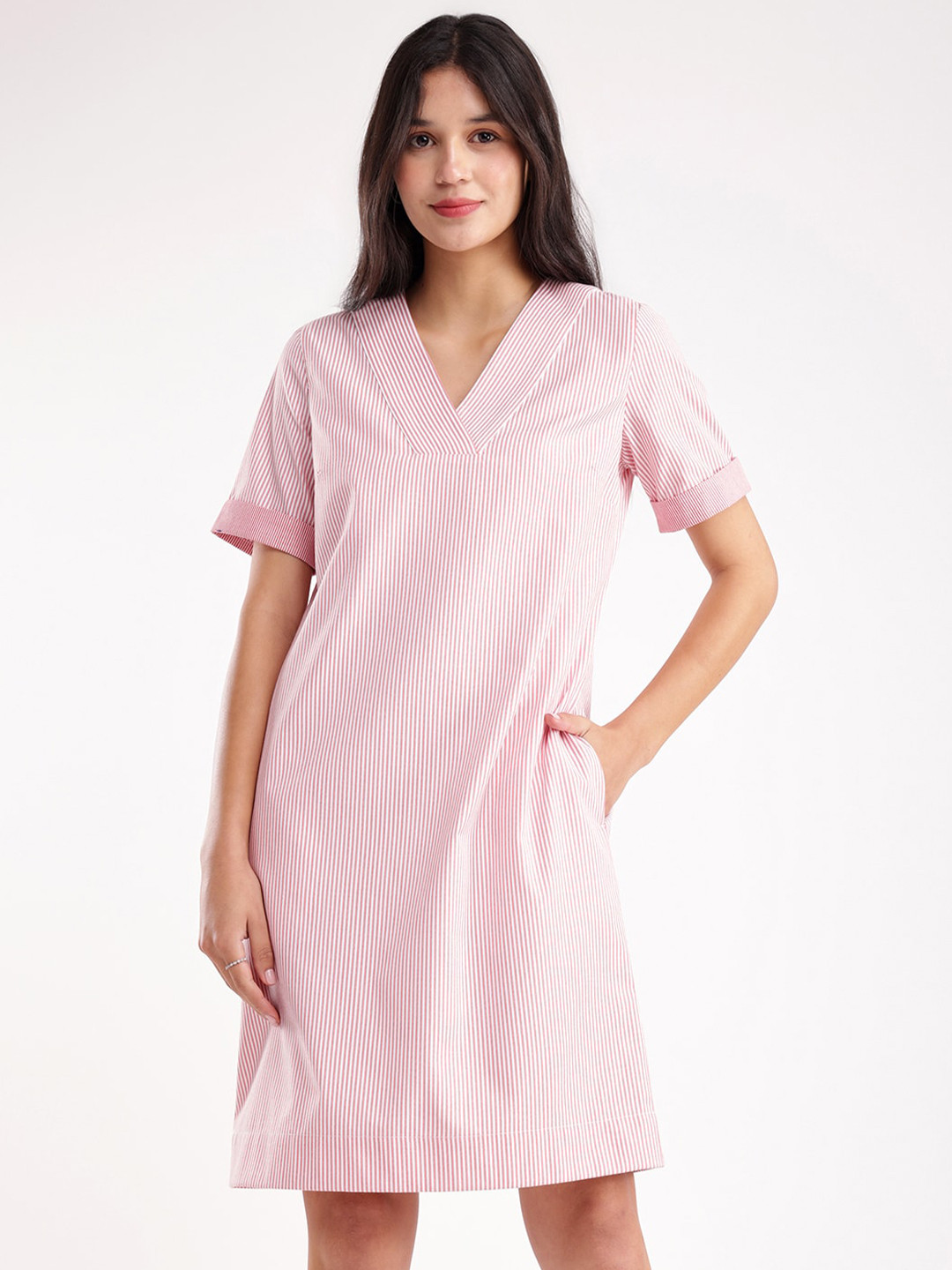 FableStreet Striped V-Neck A-Line Women Dress