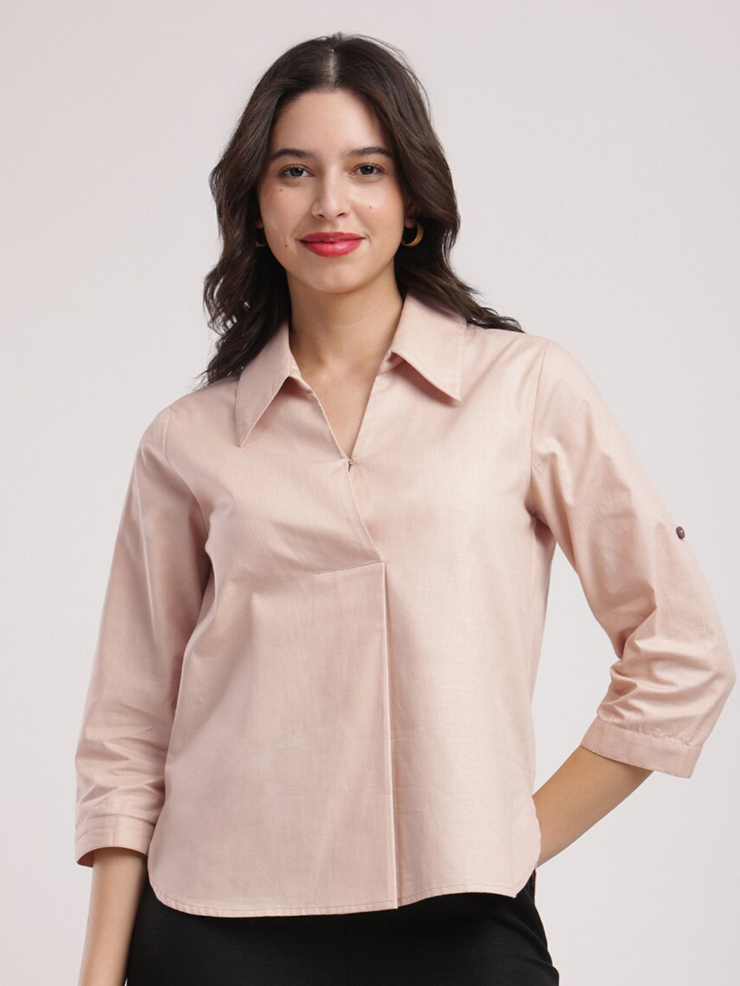 FableStreet Roll-Up Sleeves Cotton Linen Shirt Style Top