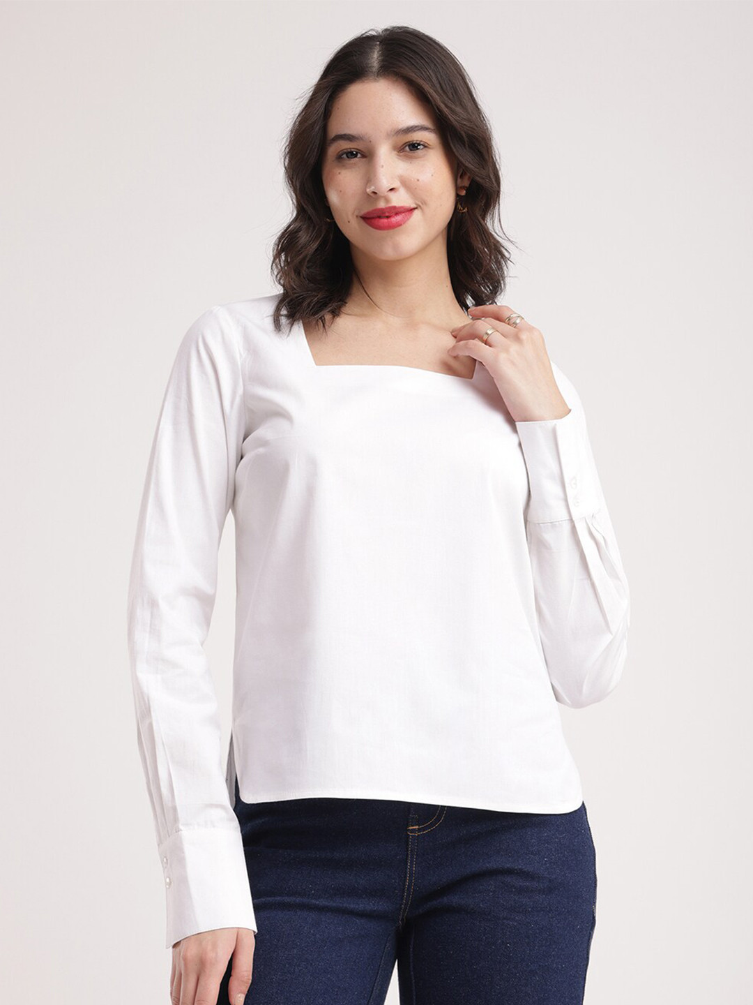 FableStreet Square Neck Pure Cotton Regular White Top