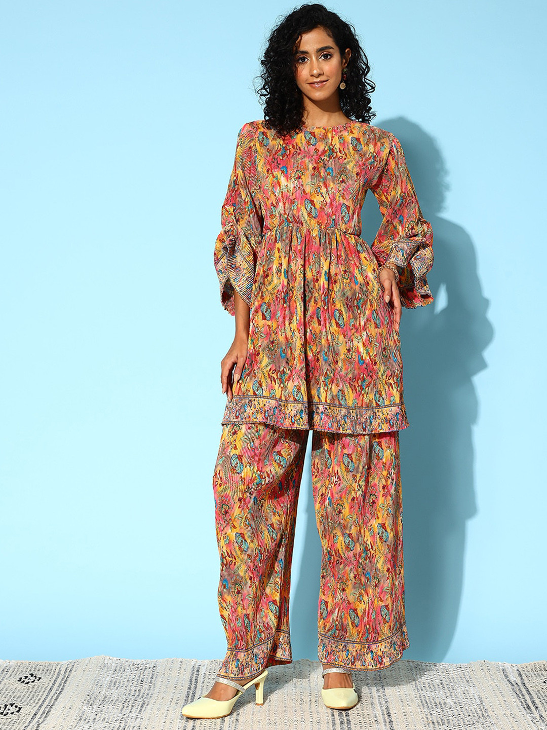 Runway Dreams Printed Round Neck Longline Top & Mid-Rise Trousers Ethnic Co-Ords