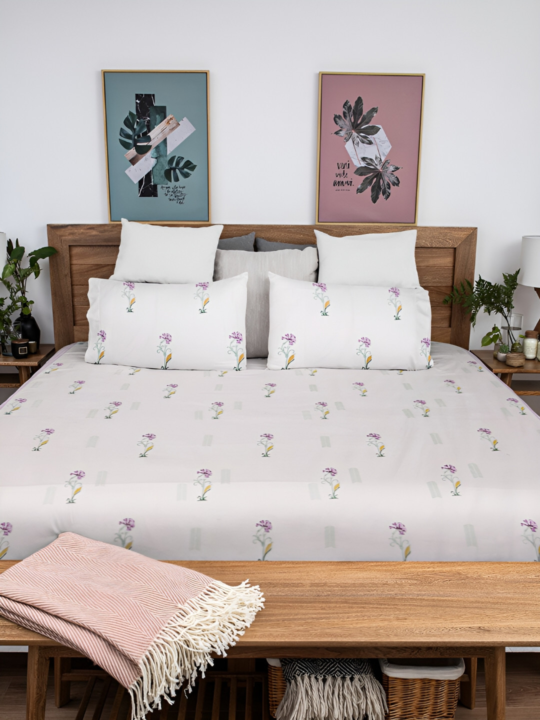 Baarno Premium White Floral Cotton 220 TC King Fine Bedsheet with 2 Pillow Covers-90 x 106 inches