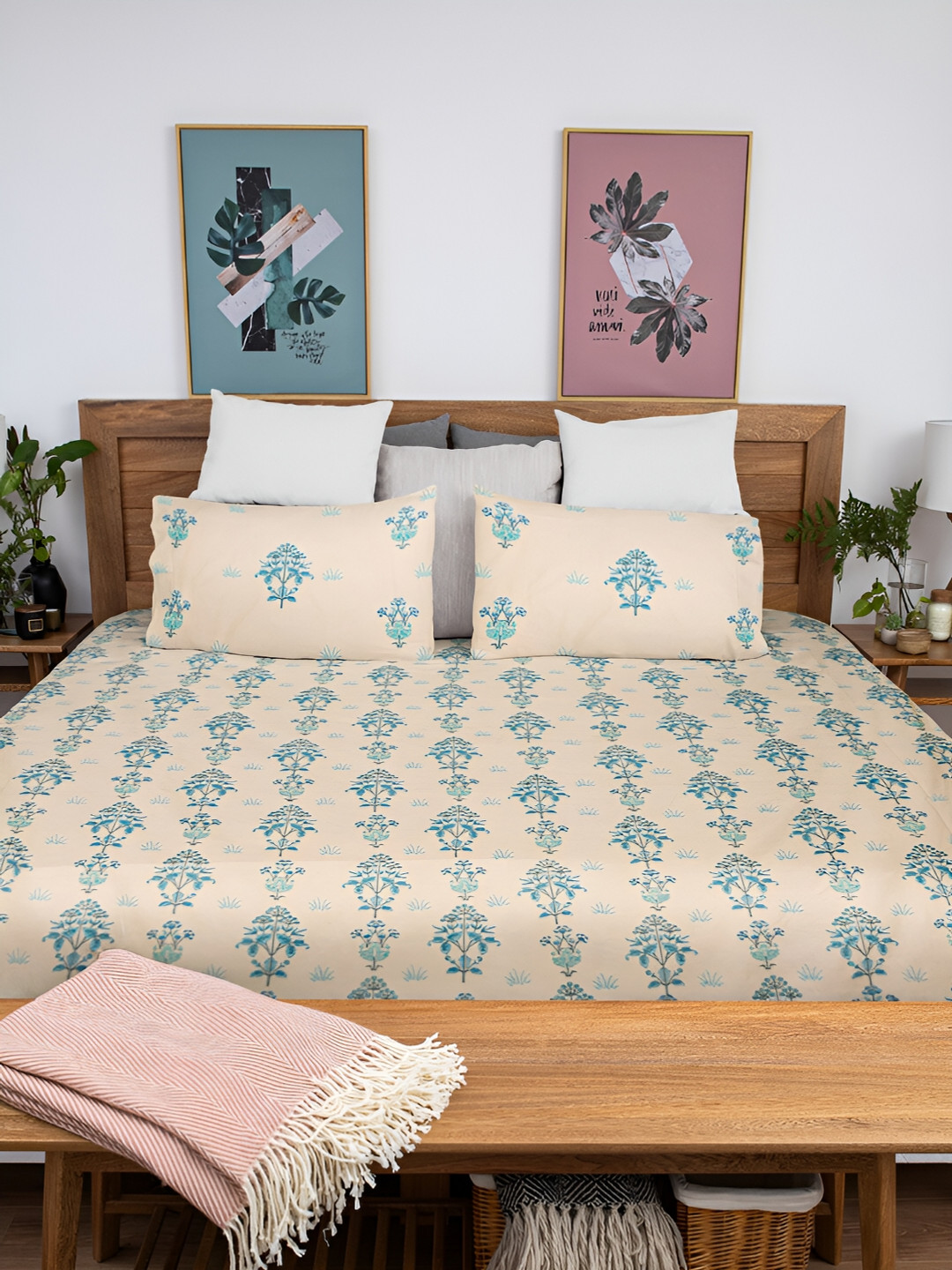 Baarno Yellow Ethnic Motifs Cotton 220 TC King Fine Bedsheet with 2 Pillow Covers-270 x 270 cm