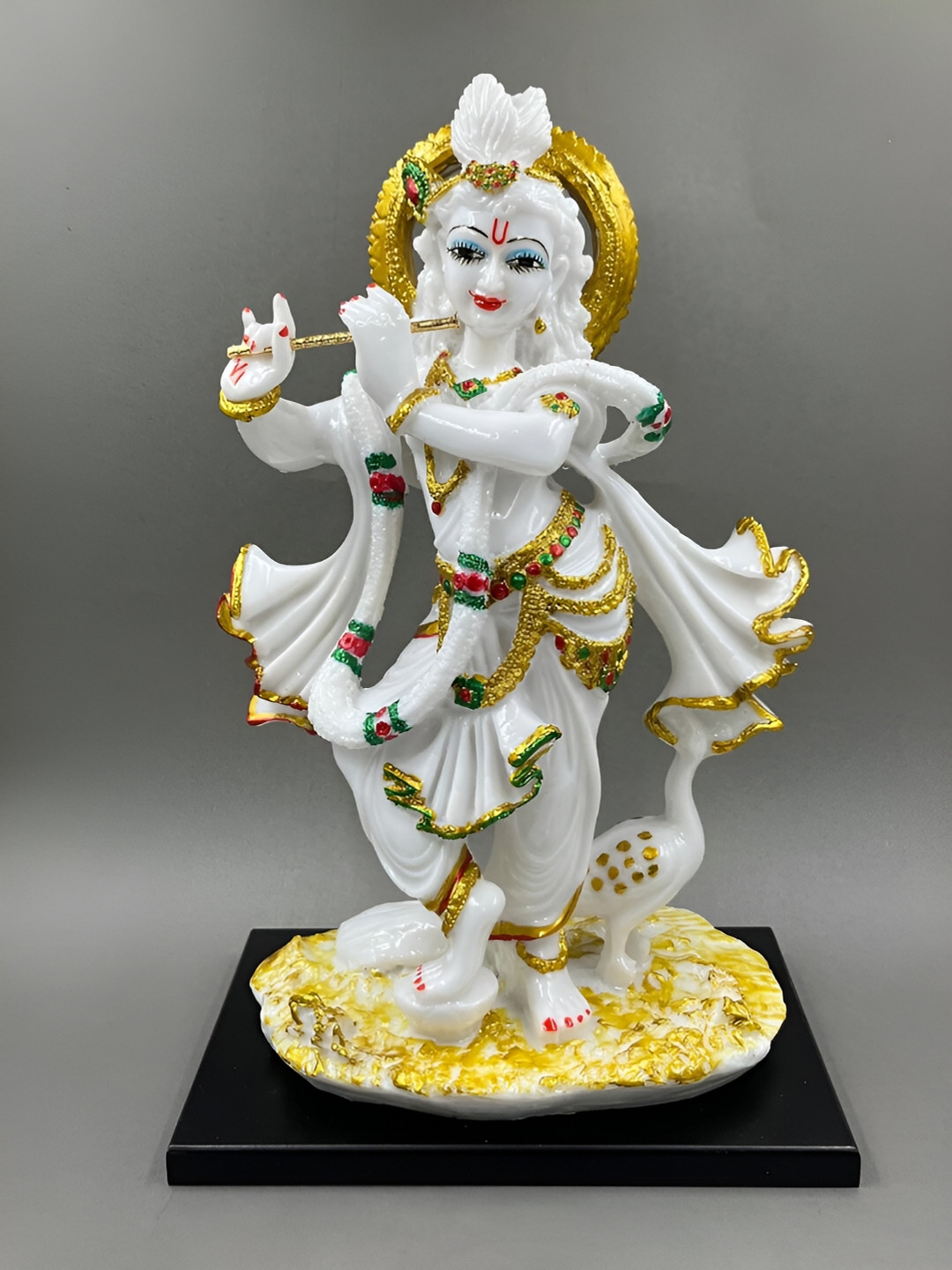 CraftVatika Krishna Playing Flute Standing White Marble Glossy Prayer Room Medium Showpiece - 15 Inches