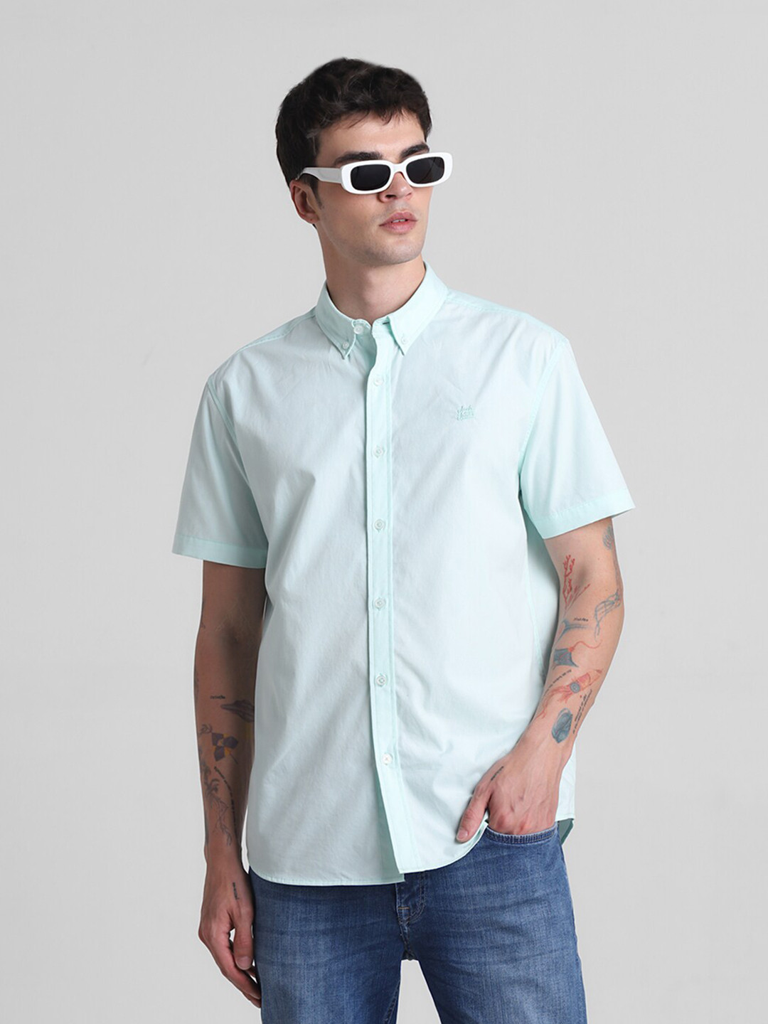 Jack & Jones Button Down Collar Short Sleeve Pure Cotton Casual Shirt