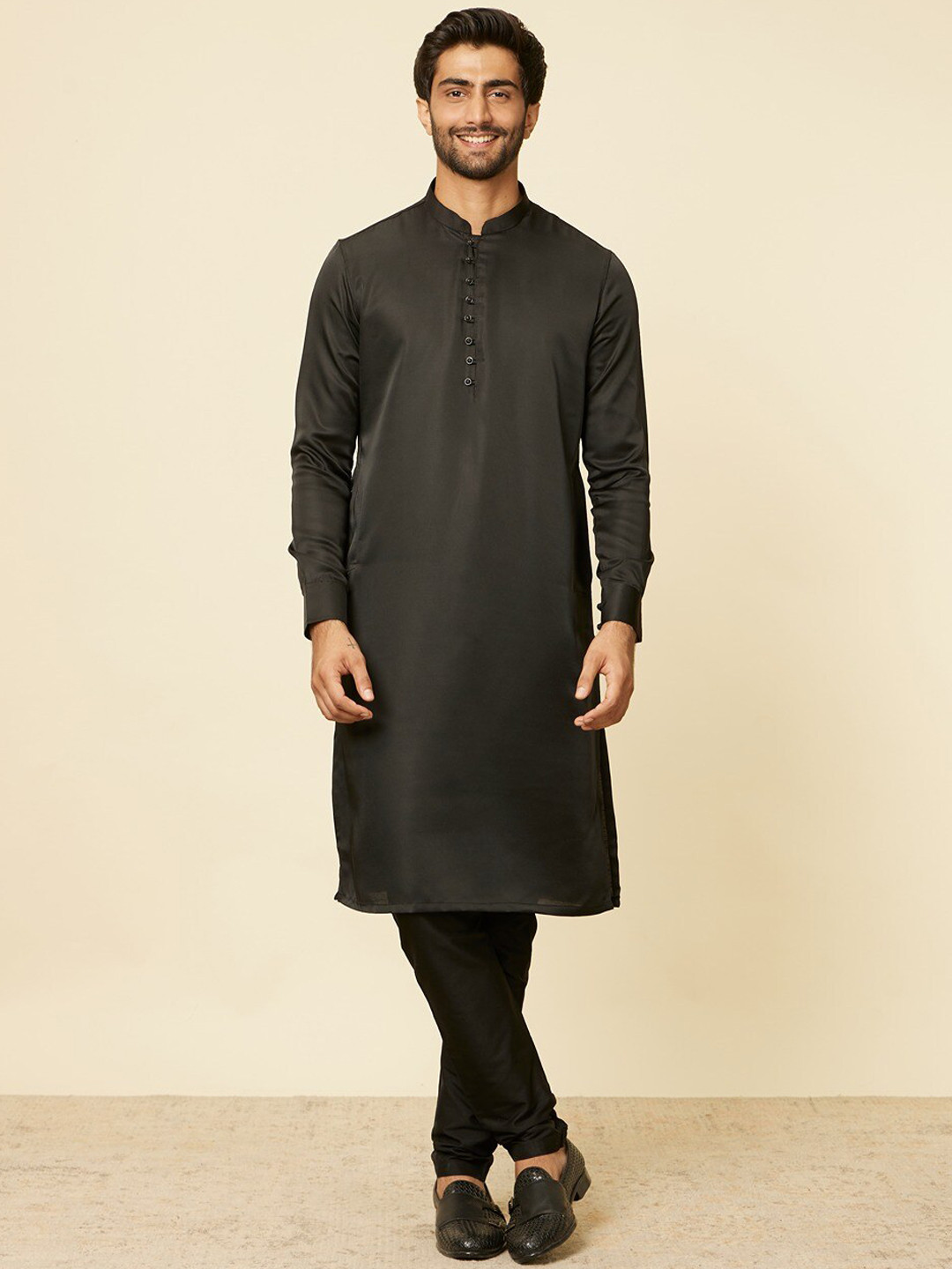 Manyavar Black Mandarin Collar Straight Satin Kurta with Pyjamas