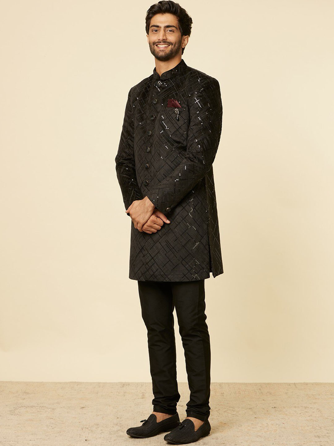 Manyavar Embroidered Sequinned Velvet Indo Western Sherwani With Trousers