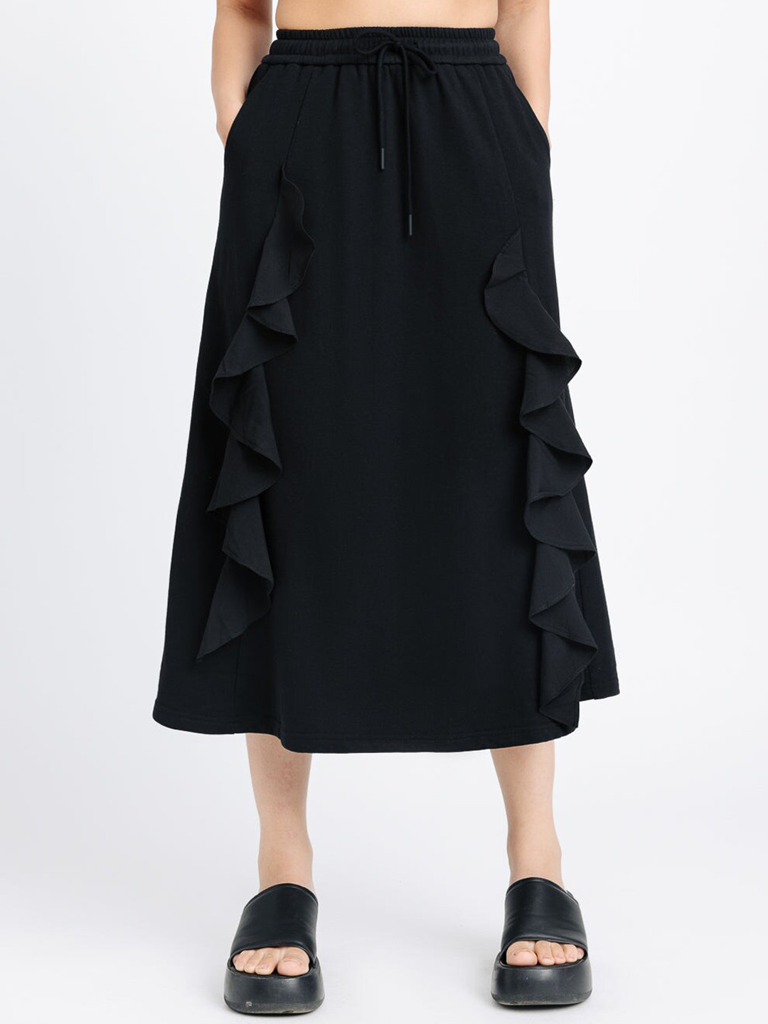 FREAKINS Black Ruffled A-Line Midi Skirt