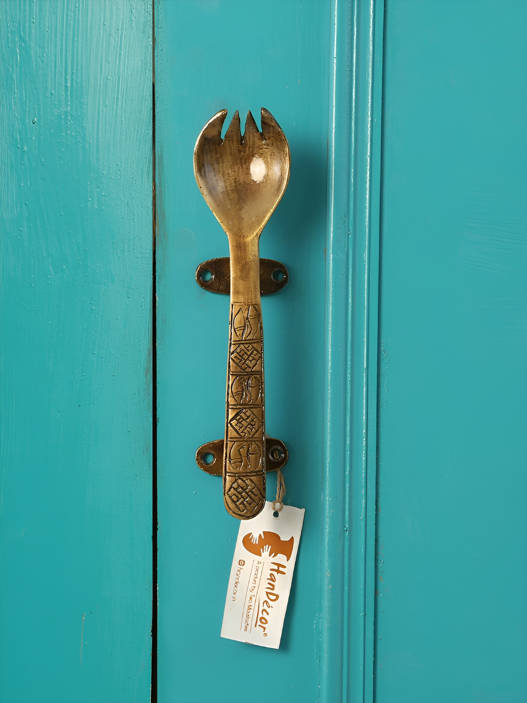 Two Moustaches Brown Fork Design Brass Door Handle