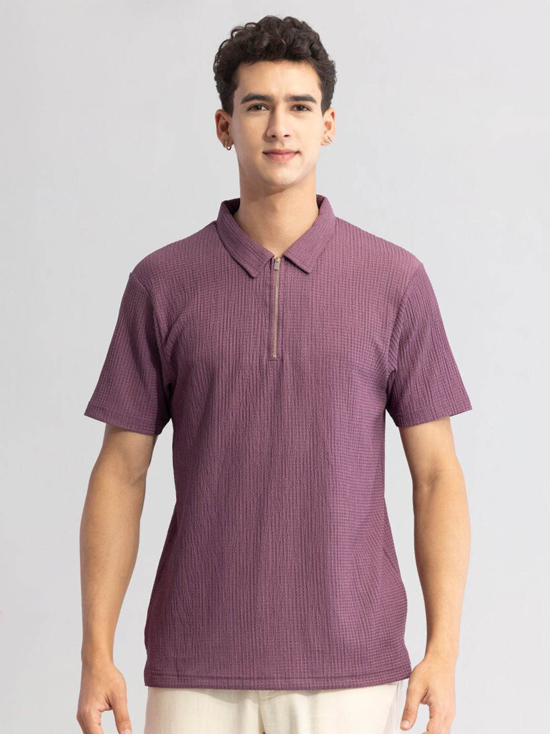Snitch Purple Self Design Polo Collar Casual T-shirt