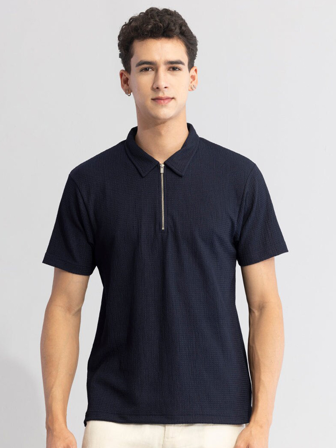 Snitch Navy Blue Self Design Polo Collar Casual T-shirt