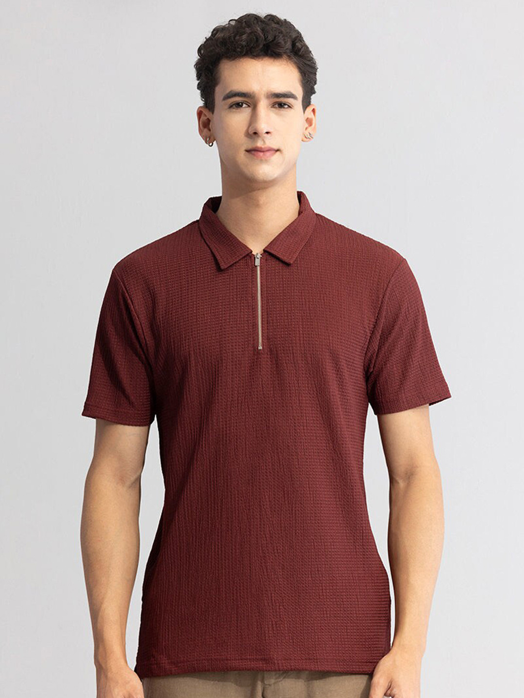 Snitch Maroon Self Design Polo Collar Casual T-shirt