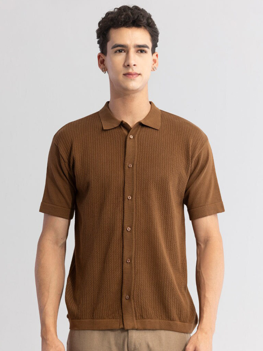 Snitch Brown Classic Self Design Casual Shirt