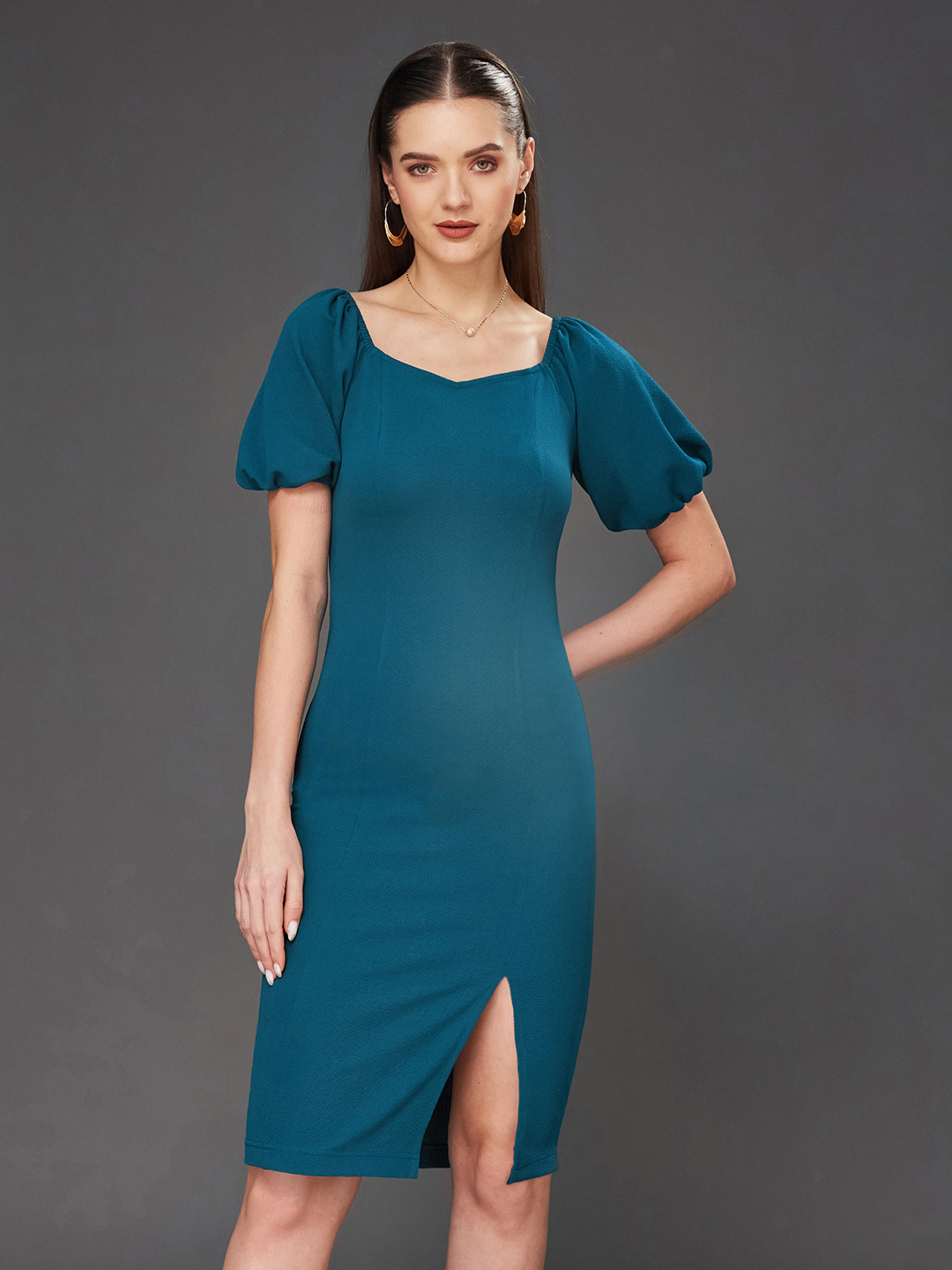 Miss Chase Puff Sleeve Georgette Bodycon Dress