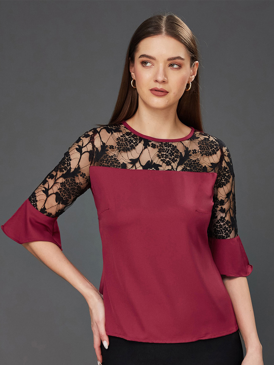 Miss Chase Women's Maroon & Black Solid Round Neck 3/4 Sleeve Relaxed Fit Regular Top