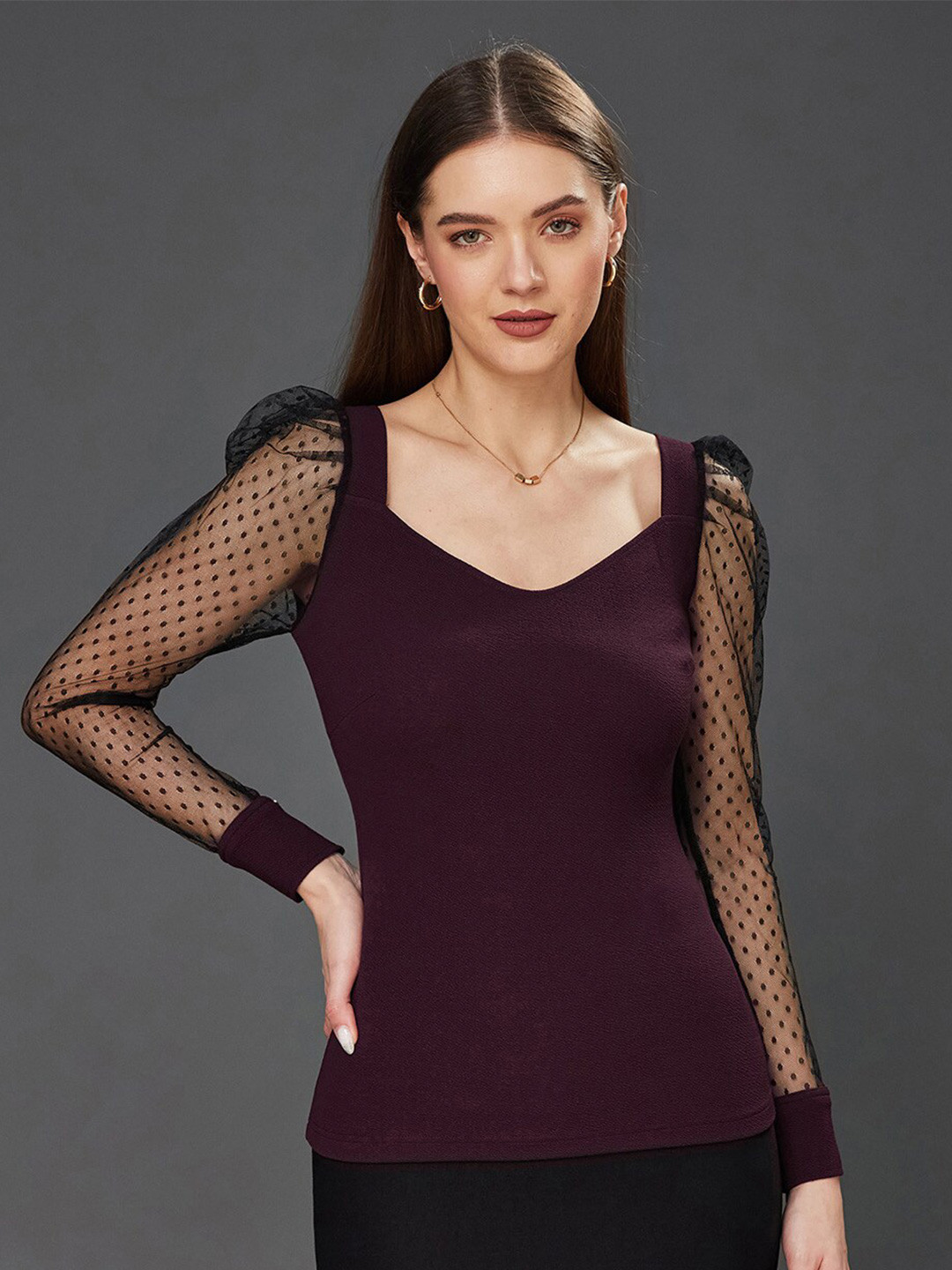 Miss Chase Women's Dark Purple & Black Solid V-Neck Full Sleeve Relaxed Fit Regular Top