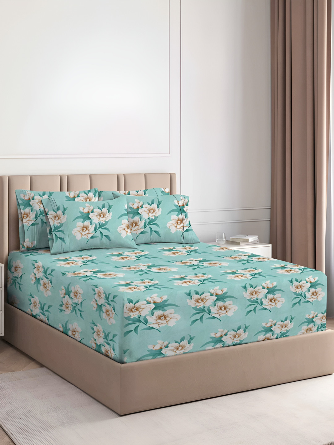 bsb home Prime Green Floral Microfiber 180 TC Fitted King Fine Bedsheet with 2 Pillow Covers-72 x 78 inches