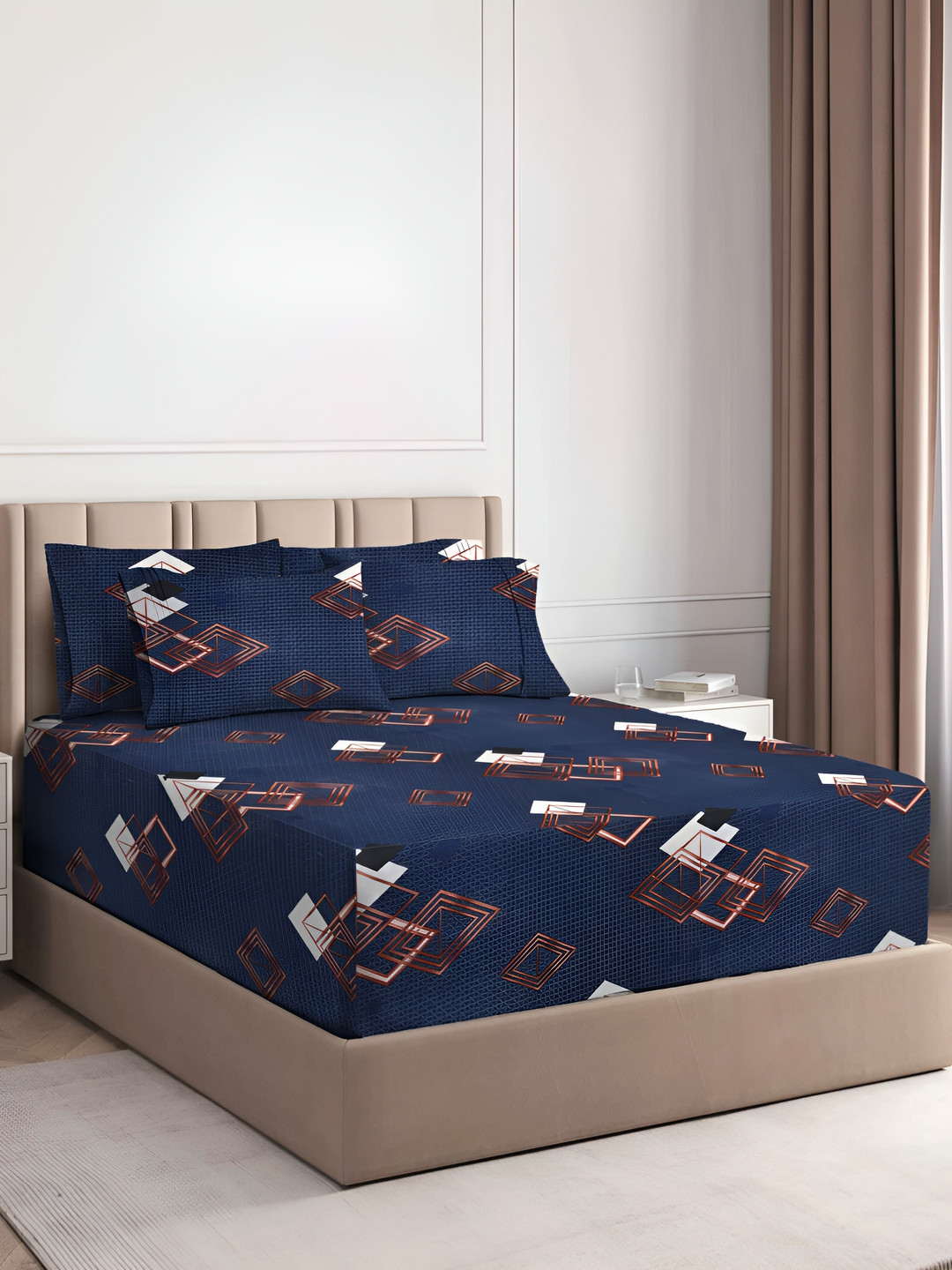 bsb home Navy Blue Abstract Microfiber 180 TC Fitted King Fine Bedsheet with 2 Pillow Covers-182 x 198 cm