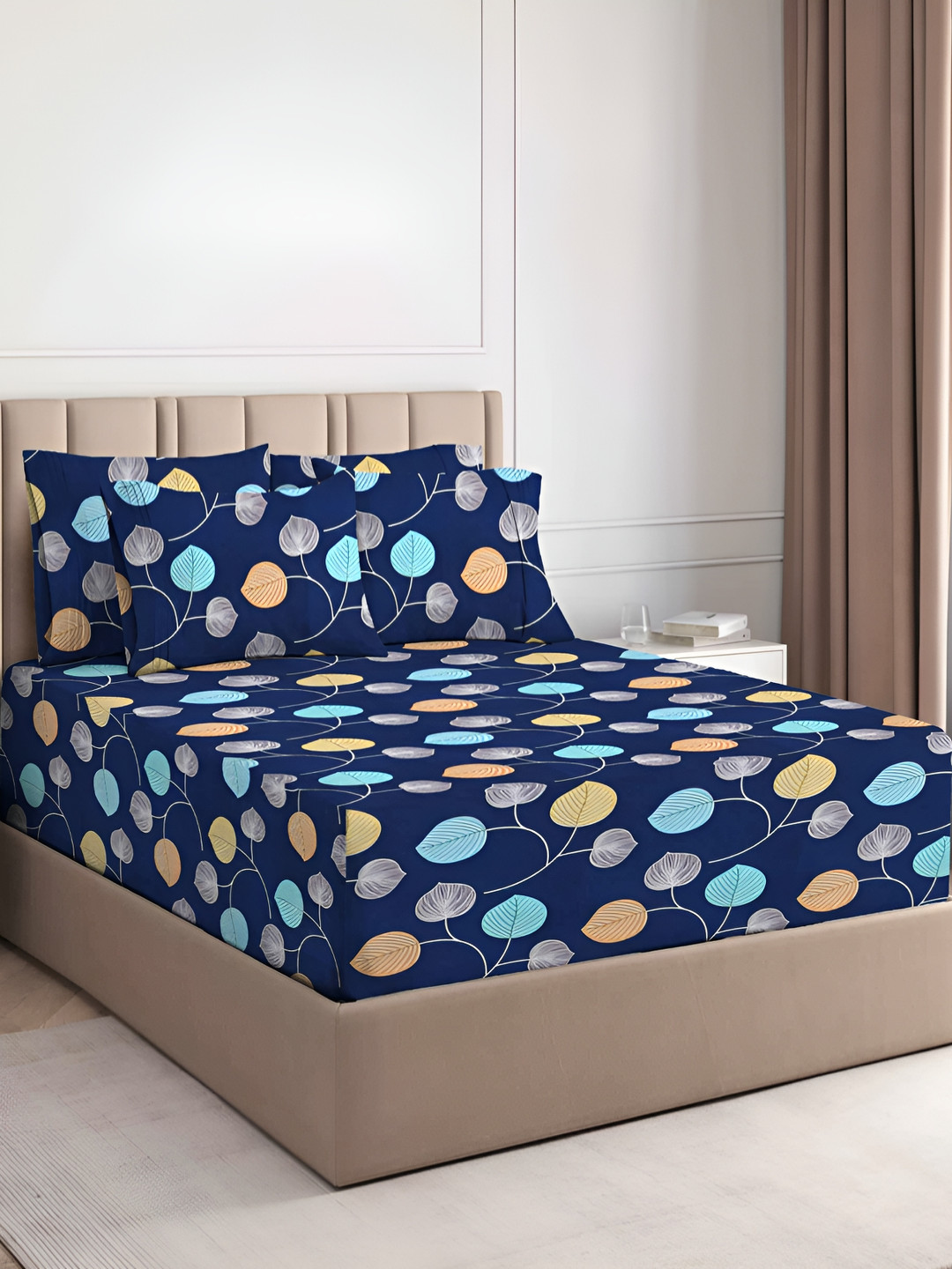 bsb home Prime Navy Blue Leaf Microfiber 180 TC Fitted King Fine Bedsheet with 2 Pillow Covers-182 x 198 x 25 cm