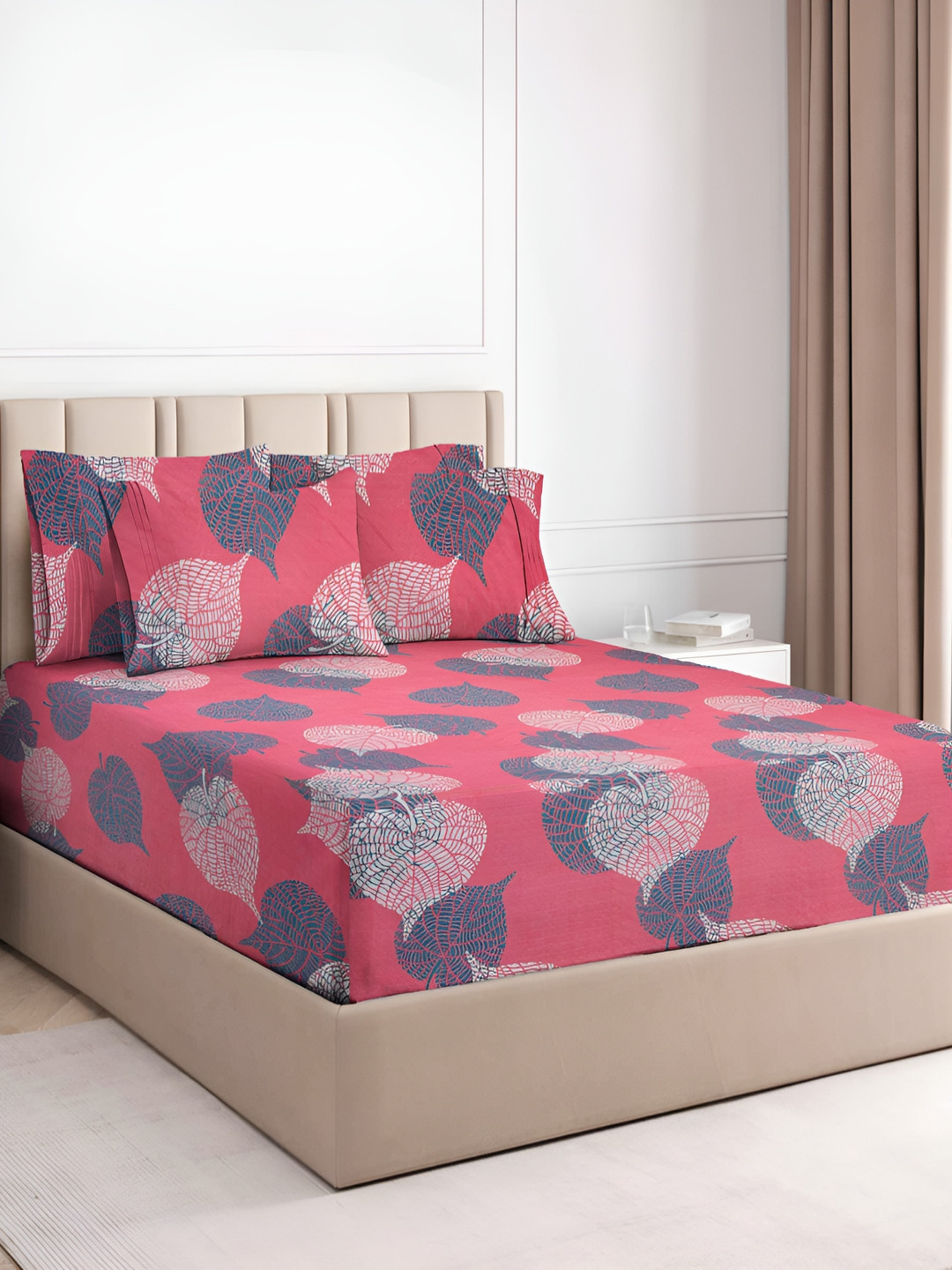 bsb home Prime Pink Leaf Microfiber 180 TC Fitted King Fine Bedsheet with 2 Pillow Covers-182 x 198 x 25.4 cm