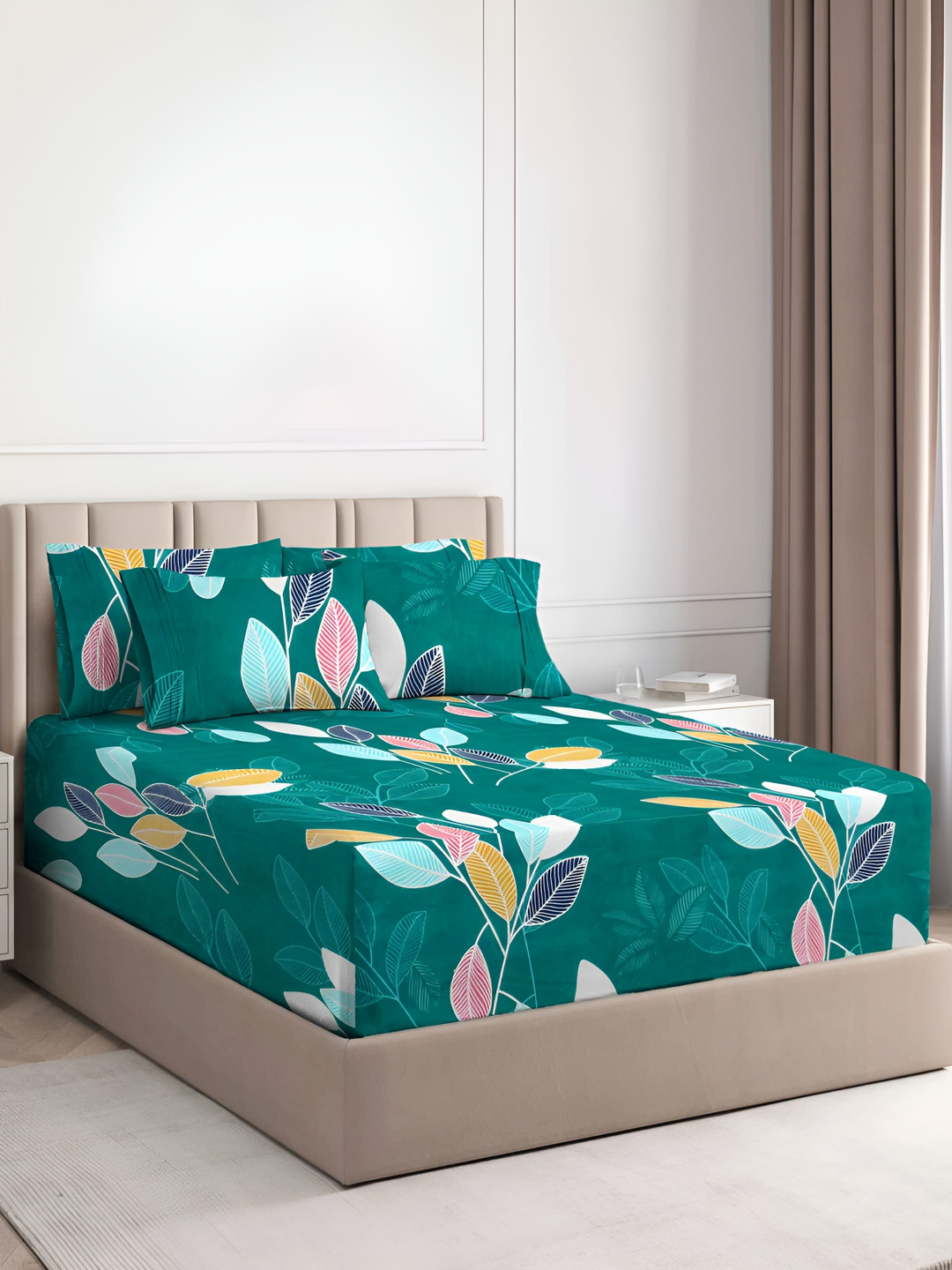 bsb home Prime Pink Leaf Microfiber 180 TC Fitted King Fine Bedsheet with 2 Pillow Covers-182 x 198 x 25 cm