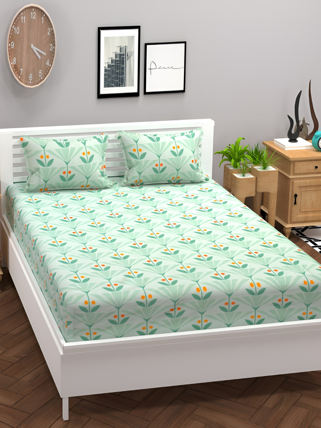 bsb home Prime Green Floral Microfiber 180 TC Fitted King Fine Bedsheet with 2 Pillow Covers-182 x 198 x 25.4 cm