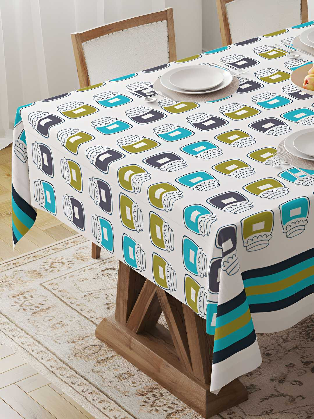 HOME COLORS.IN White Geometric Print Cotton 4-Seater Table Cover