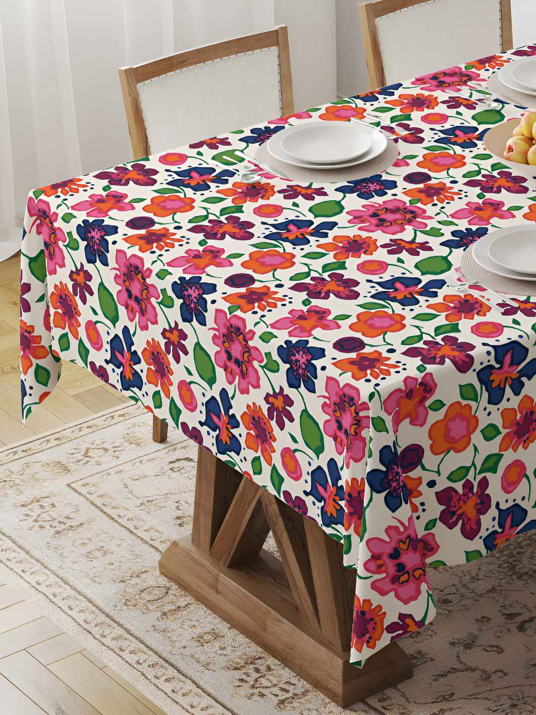 HOME COLORS.IN White Floral Cotton 4-Seater Table Cover