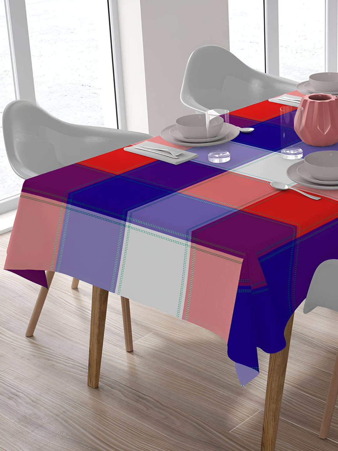 HOME COLORS.IN Blue Geometric Printed Cotton 6-Seater Table Cover