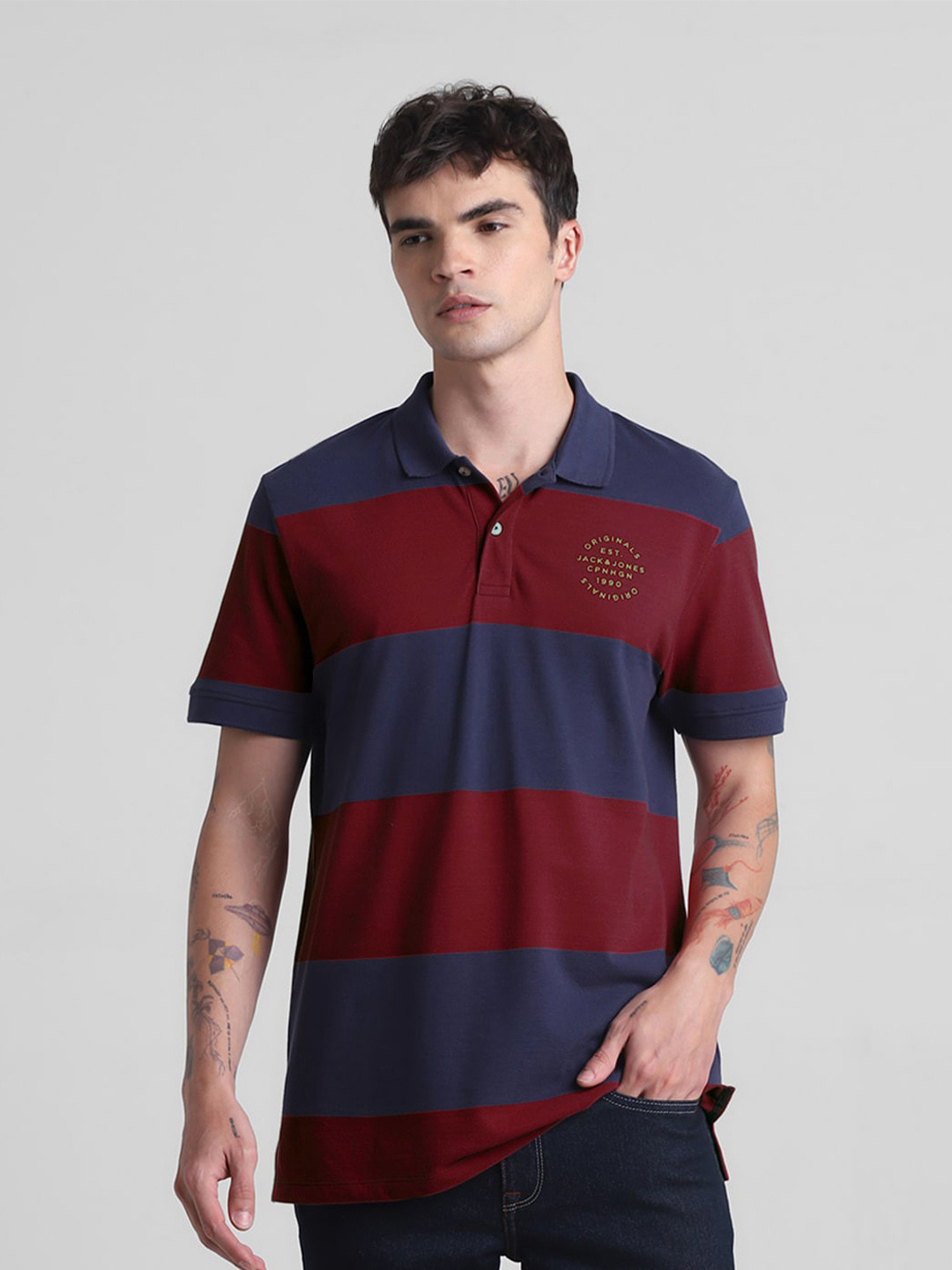 Jack & Jones Striped Polo Collar Slim Fit Pure Cotton T-shirt