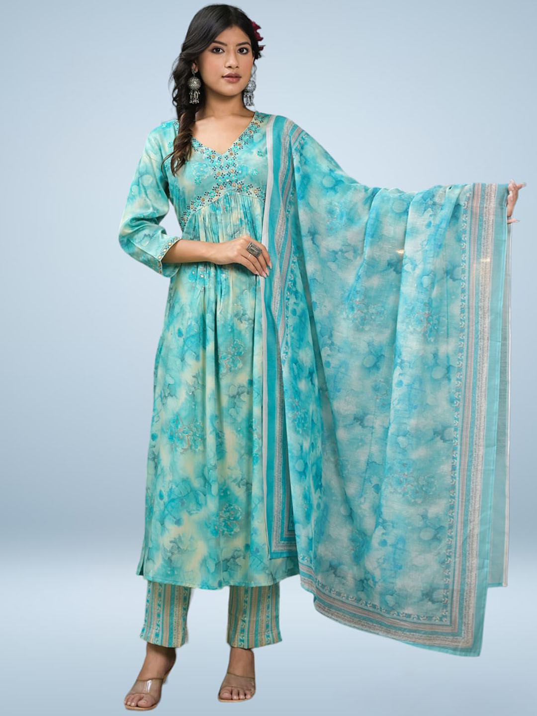 aturabi Abstract Printed Empire Thread Work A-Line Kurta & Palazzos With Dupatta