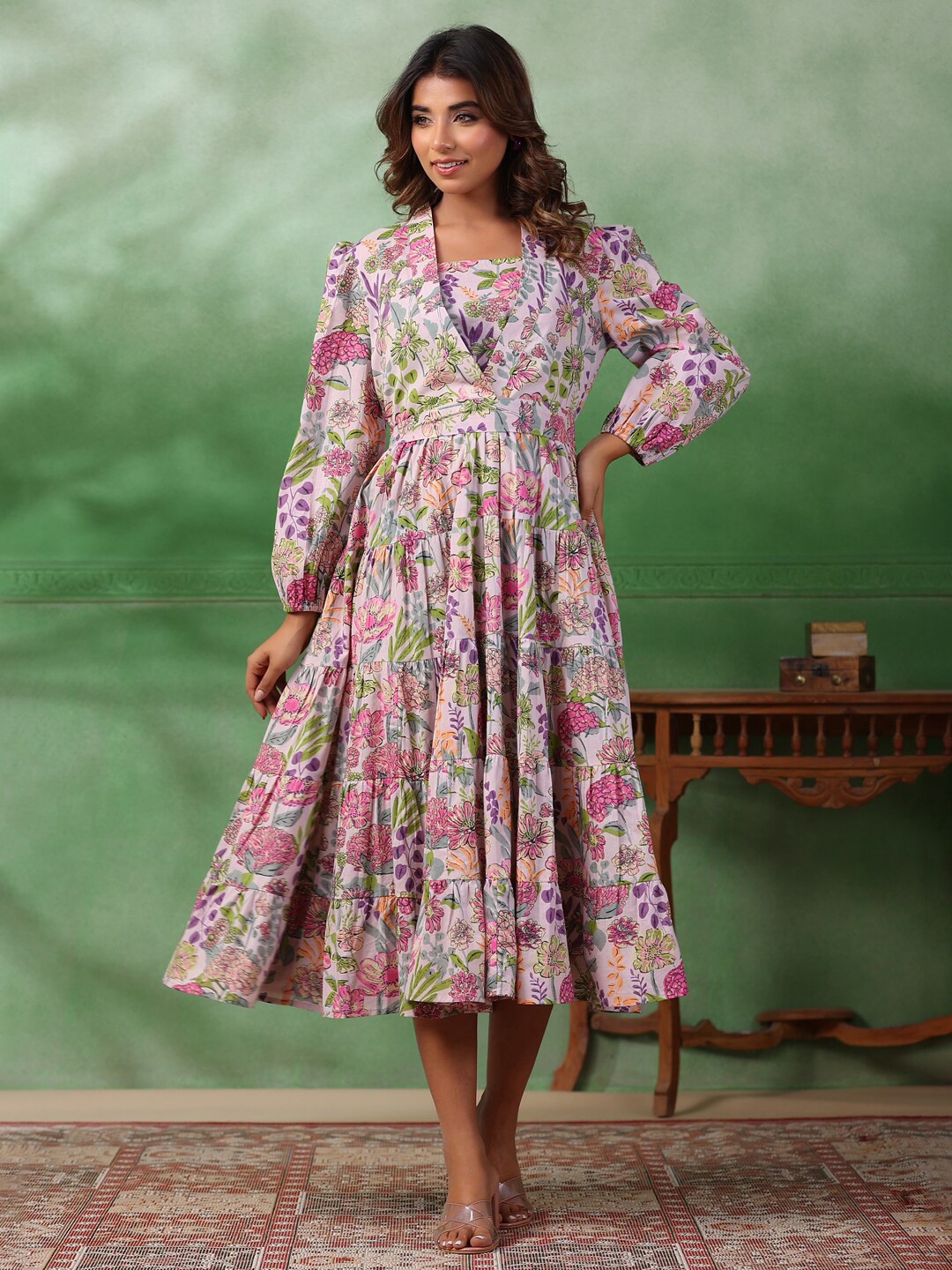 SANSKRUTIHOMES Floral Printed Puff Sleeves Shawl Collar Cotton A-Line Dress