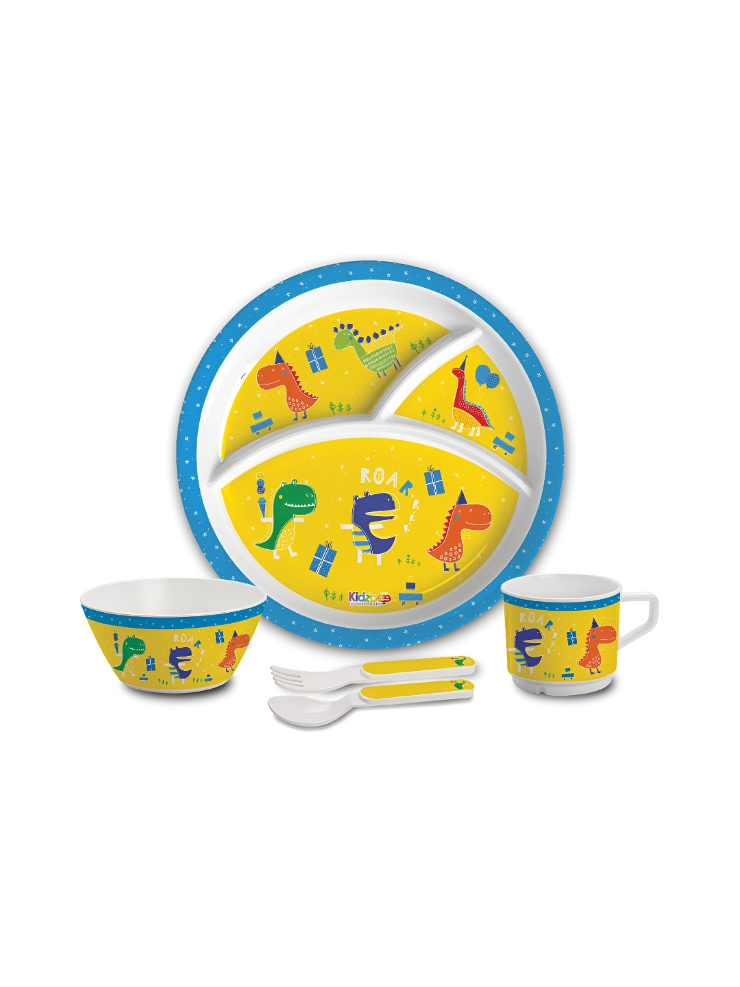 Cello Kidzbee BPA Free Dino Party Trioplate Yellow Cartoon Characters Melamine Easy to Clean 5 Piece Dinner Set