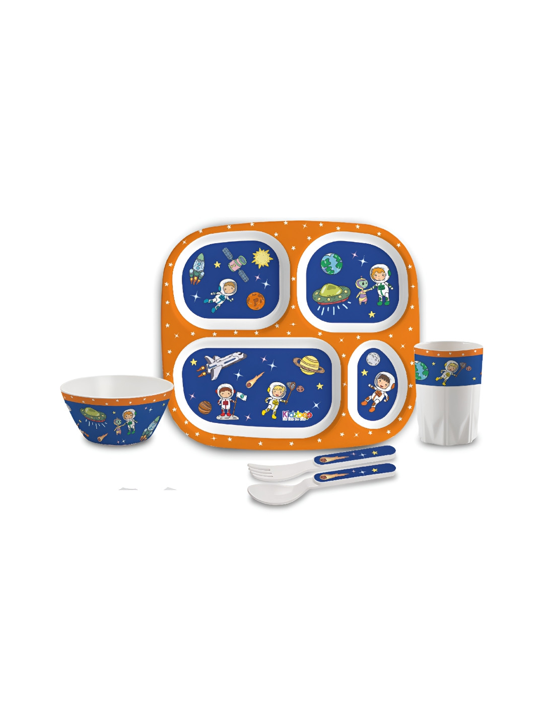 Cello Kidzbee BPA Free Quadmeal Cosmic Explorer Navy Blue Graphic Melamine Non-Toxic 5 Piece Dinner Set