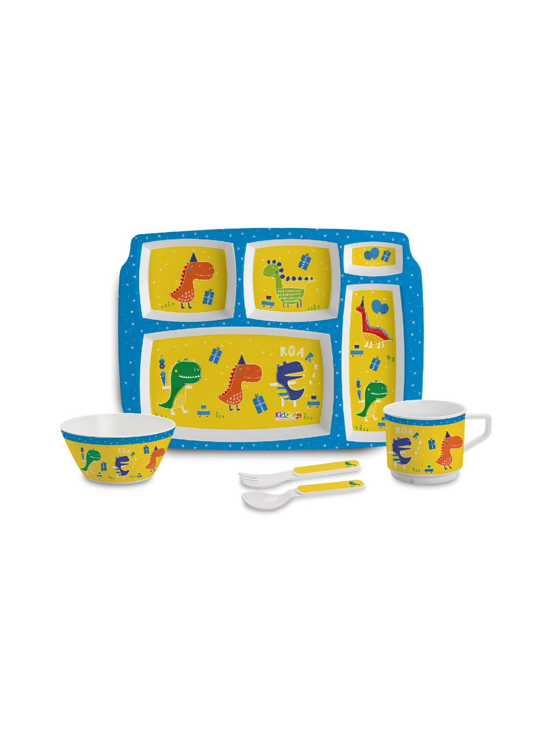 Cello Kidzbee Pentameal Dino Party Yellow Cartoon Characters Melamine Dishwasher Safe 5 Piece Dinner Set