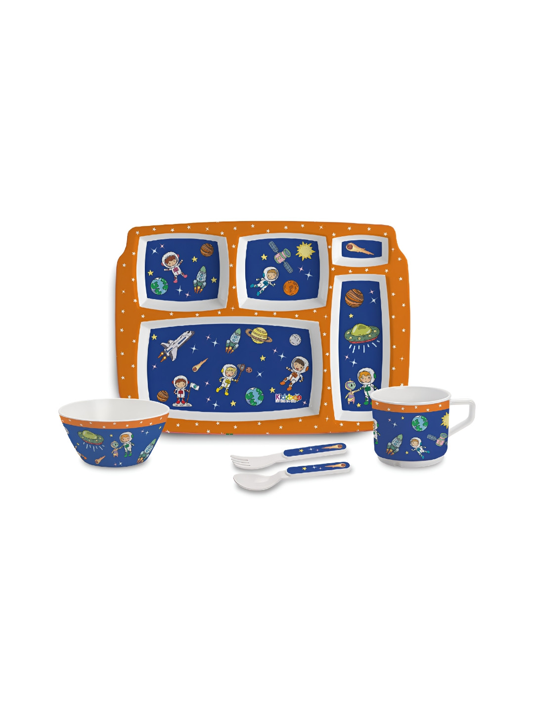 Cello Kidzbee BPA Free Quadmeal Cosmic Explorer Navy Blue Graphic Melamine Non-Toxic 5 Piece Dinner Set