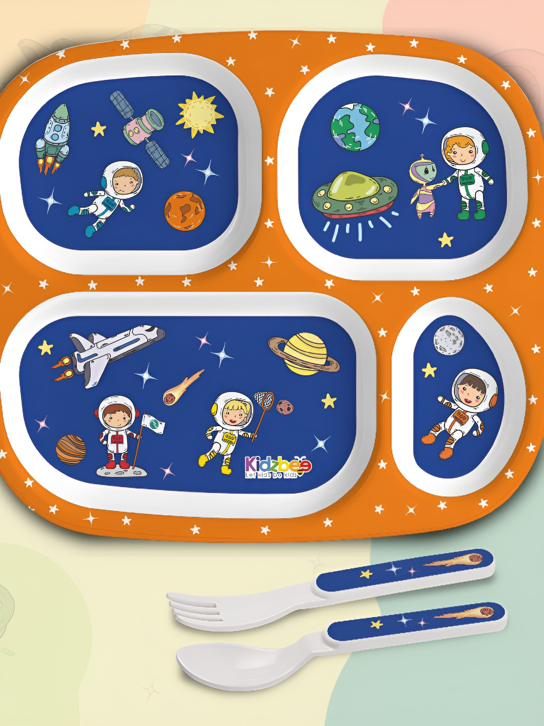 Cello Kidzbee BPA Free Quadmeal Cosmic explorer Navy Blue Cartoon Characters Melamine Dishwasher Safe 3 Piece Dinner Set