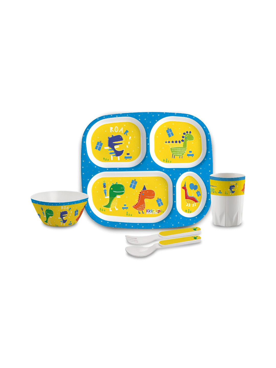 Cello Kidzbee BPA Free Quadmeal Dino Party Yellow Cartoon Characters Melamine Easy to Clean 5 Piece Dinner Set