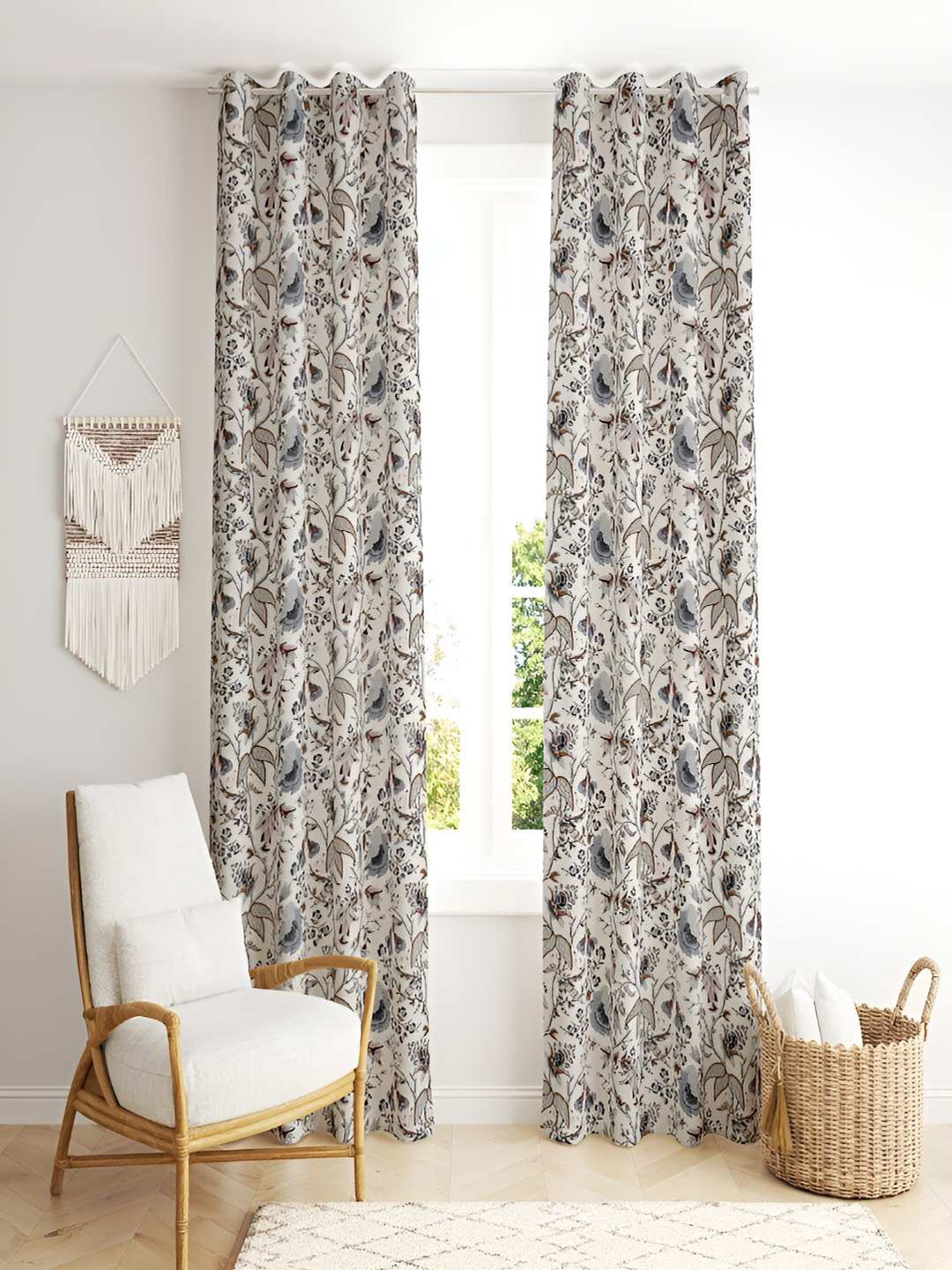 tundwal's Purple & White 2 Pieces Floral Printed Cotton Room Darkening Window Curtains