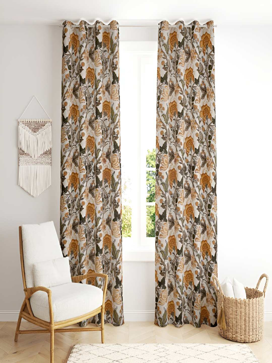 tundwal's Cream Coloured 2 Pieces Floral Printed Cotton Room Darkening Door Curtains