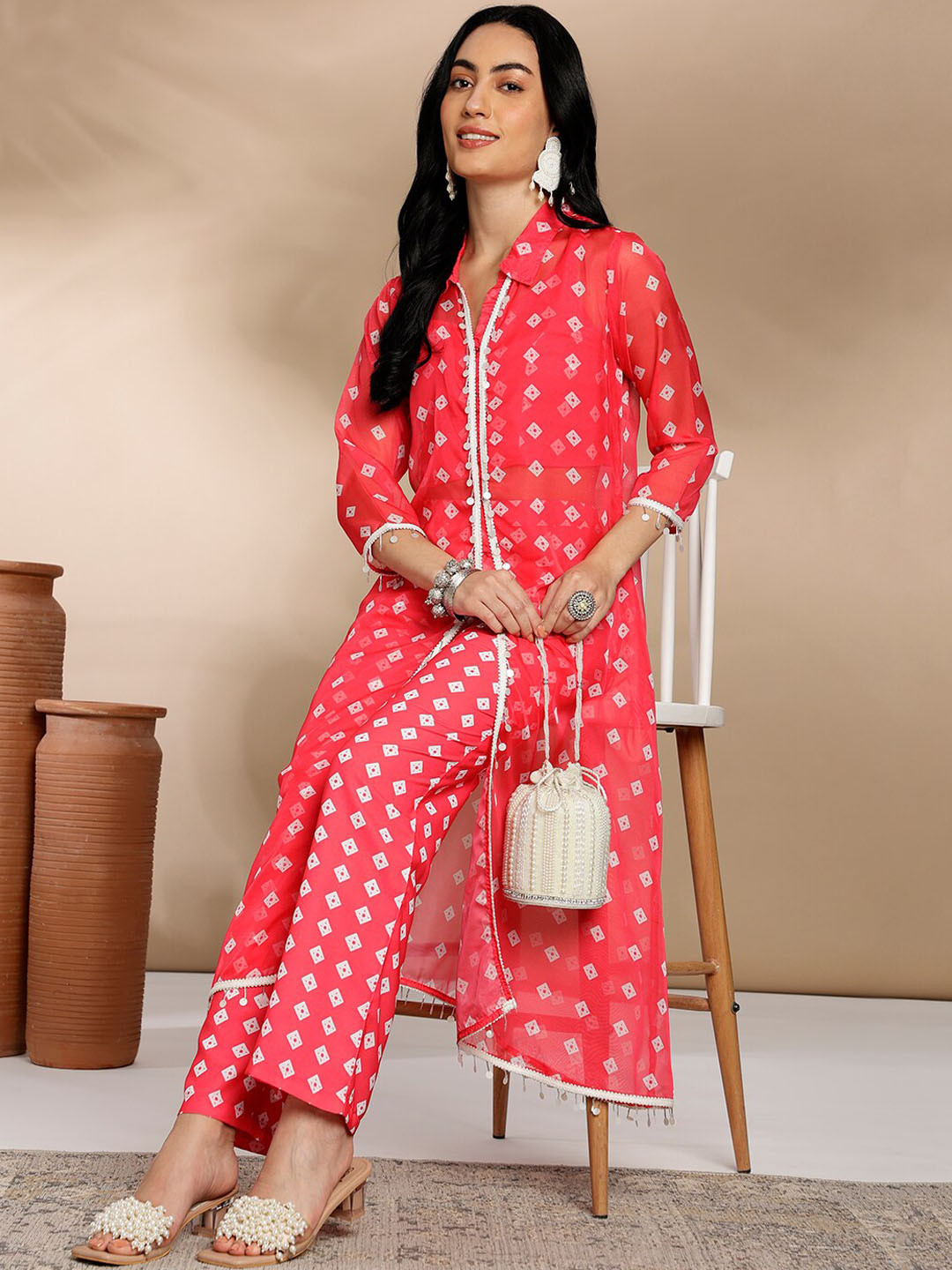 Anouk Pink & White Ethnic Motifs Printed Sleeveless Crop Top With Trouser & Shrug