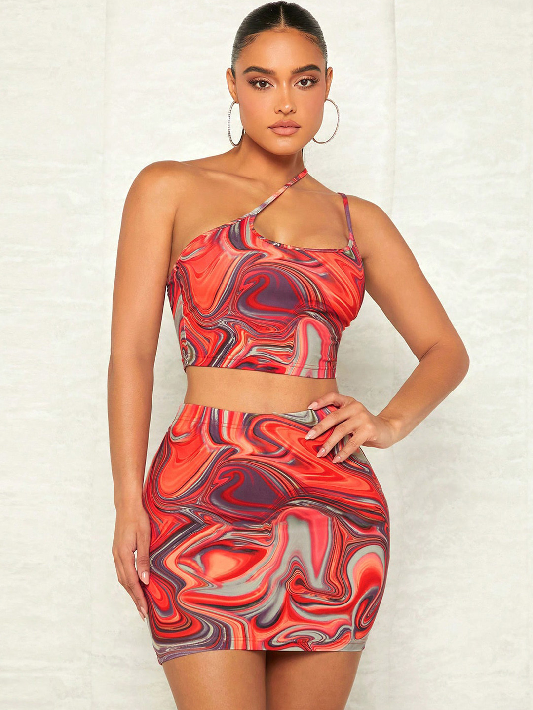 Stylecast X Kotty Printed One Shoulder with Mid-Rise Skirt