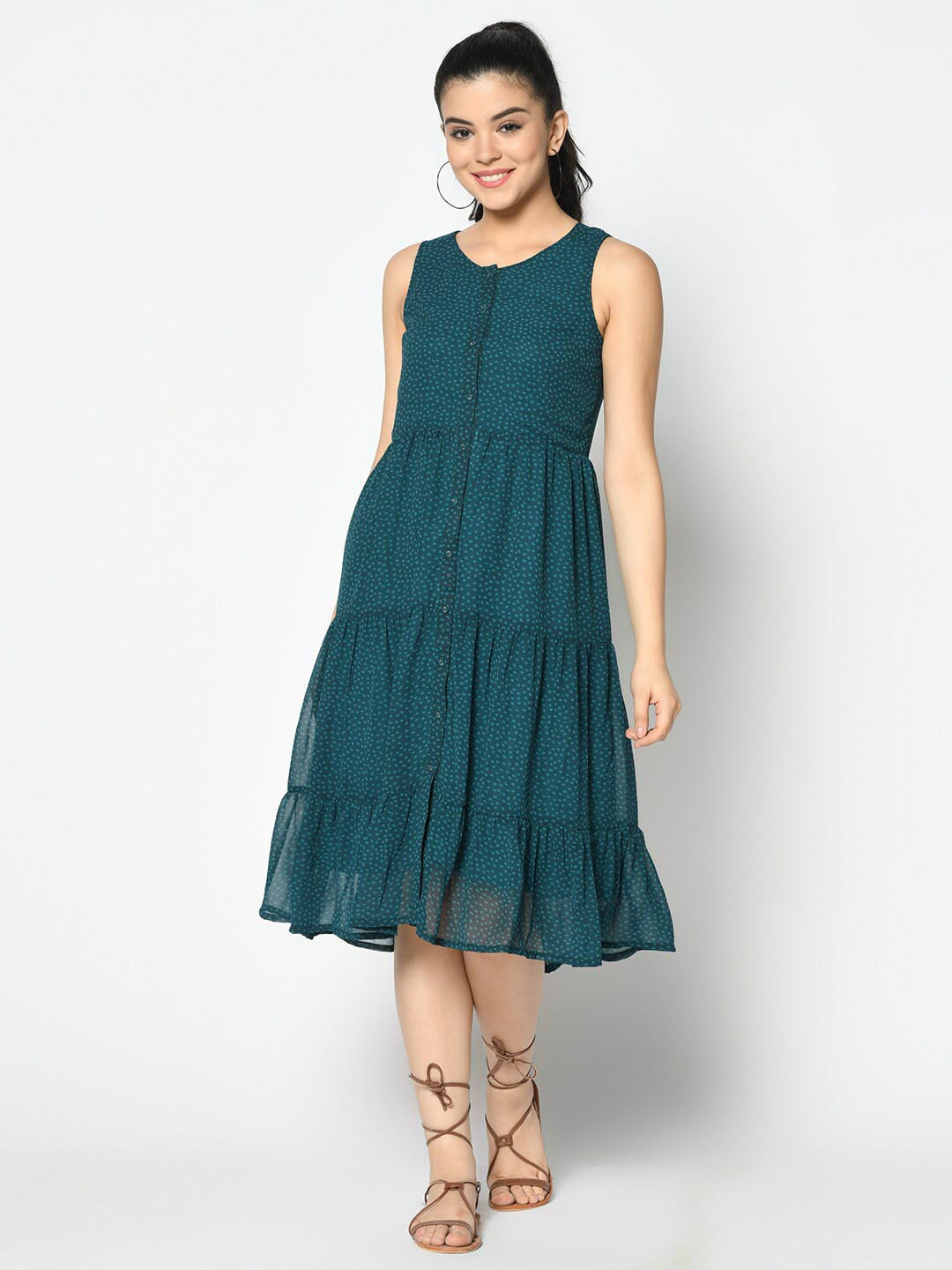 SQew Geometric Printed Sleeveless Georgette Tiered Fit & Flare Midi Dress