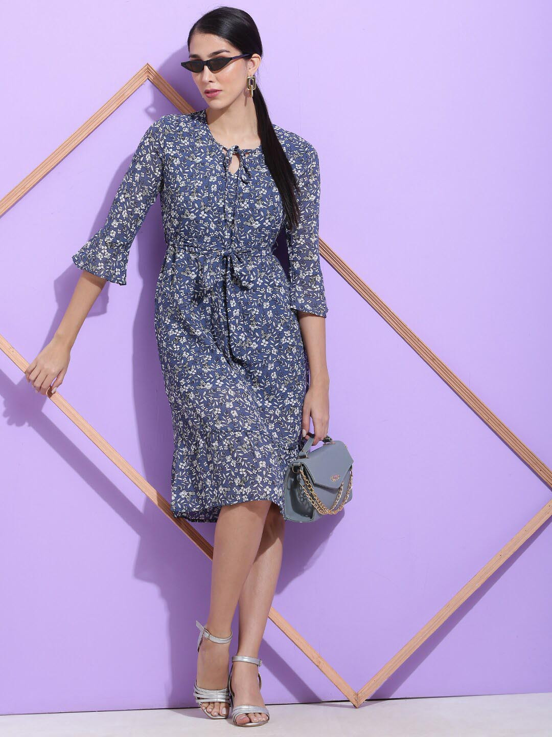 SQew Floral Printed Bell Sleeves Georgette Tie Up A-Line Dress